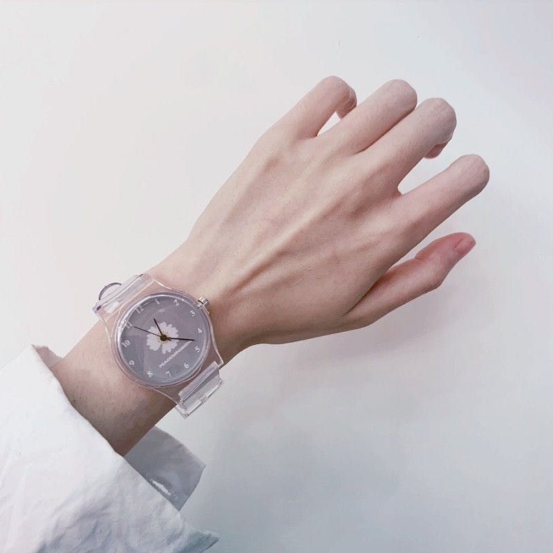 Jam Tangan Quartz Analog Motif Bunga Transparan Untuk Wanita /  Jam Tangan Motif Bunga Transparan-36-8 Abu-Abu