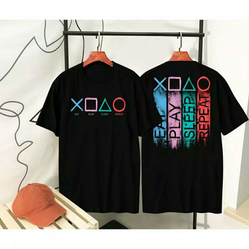 Baju Tshirt Kaos Distro Eat Sleep Repeat Black Ukuran L
