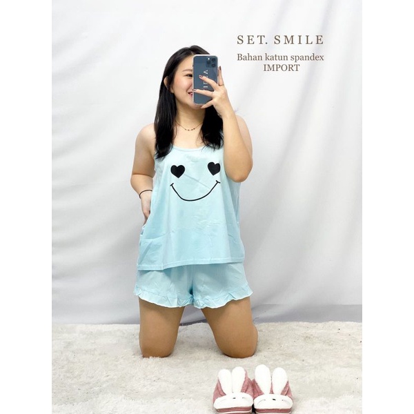 MDLV ~ Baju Tidur Set Smile HP Set Baju Tidur Tanktop Celana Pendek Fashion Wanita