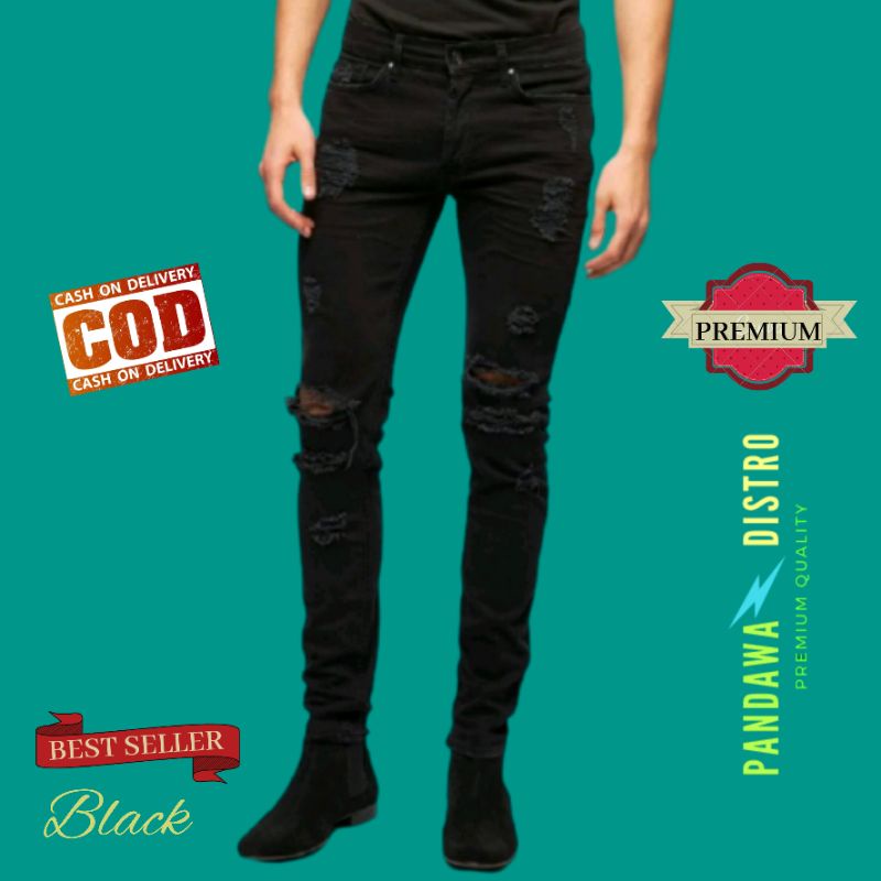 CELANA JEANS PRIA SOBEK RIPPED ROBEK SLIMFIT PENSIL STRETCH DENIM HITAM PREMIUM 27-38