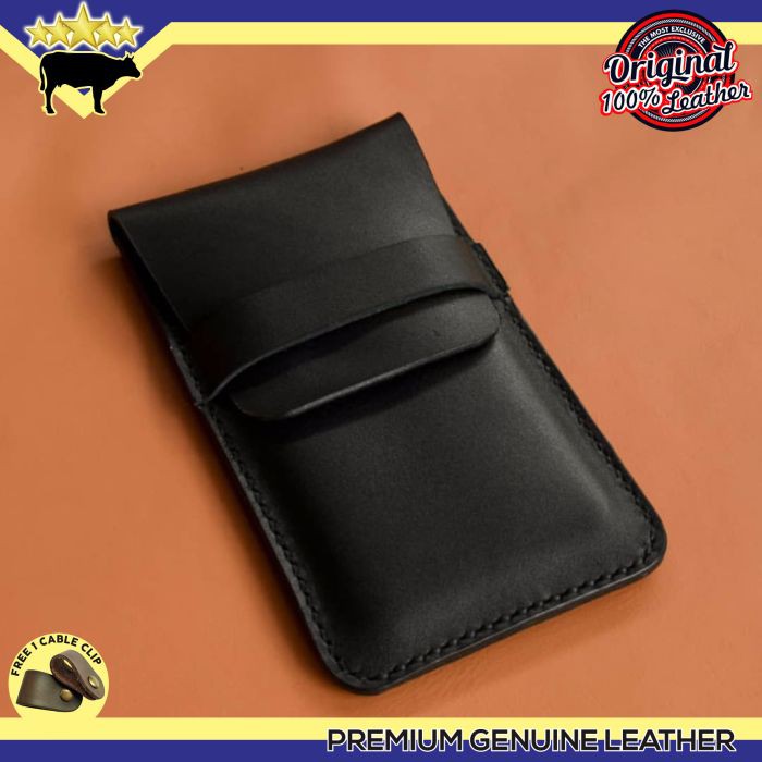 CASING HP KULIT ASLI HANDMADE WARNA HITAM JAHITAN TANGAN