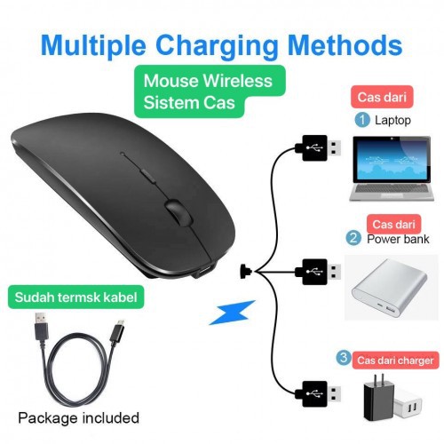 MOS-004 2.4G Wireless Mouse Rechargeable Baterai pakai cas, Design Thin Tidak Berisik Silent Mute