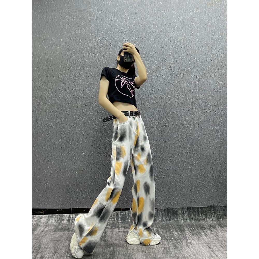 celana jeans pinggang tinggi warna tie-dye gaya barat slit wide leg jeans wanita musim gugur dan mus