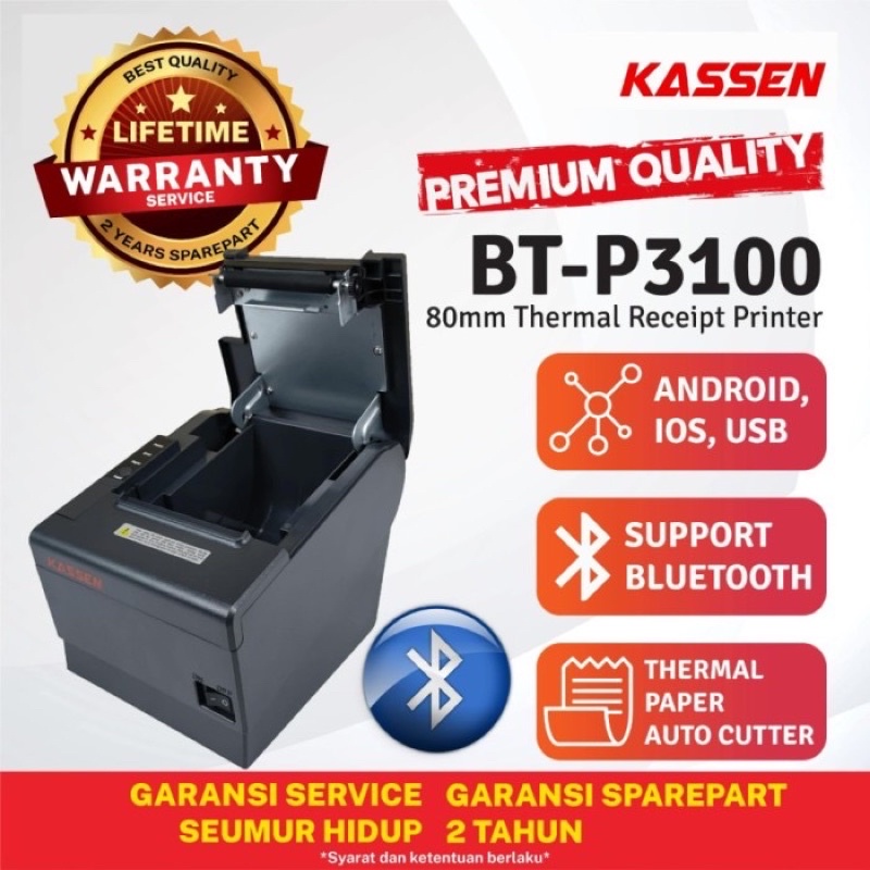 KASSEN BT-P3100 BT PRINTER THERMAL 80mm AUTOCUTTER BLUETOOTH USB RJ11 P3100 BT