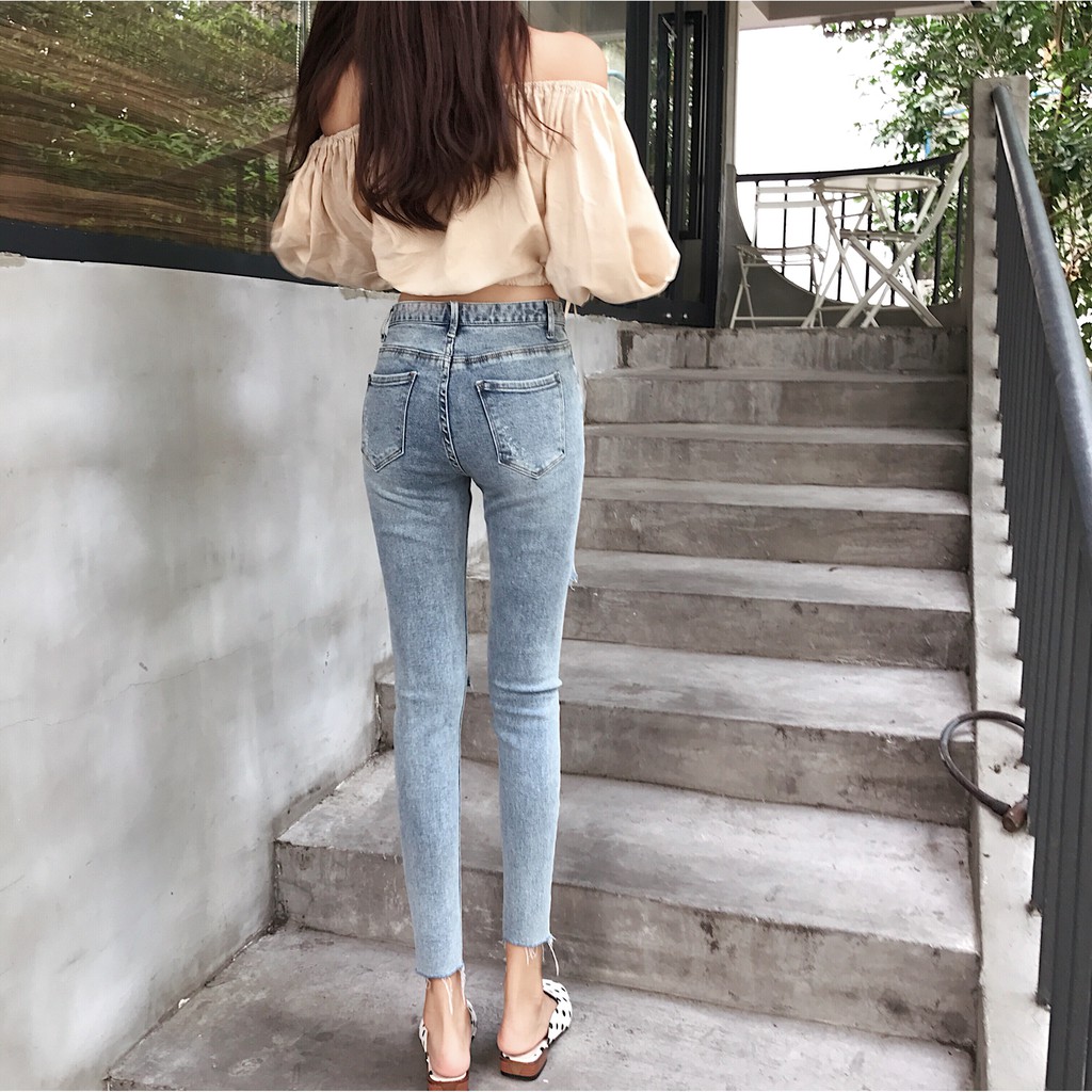 Baru High Waist Stretch Celana Jeans Robek Wanita Retro Pensil Tappered Celana Pendek