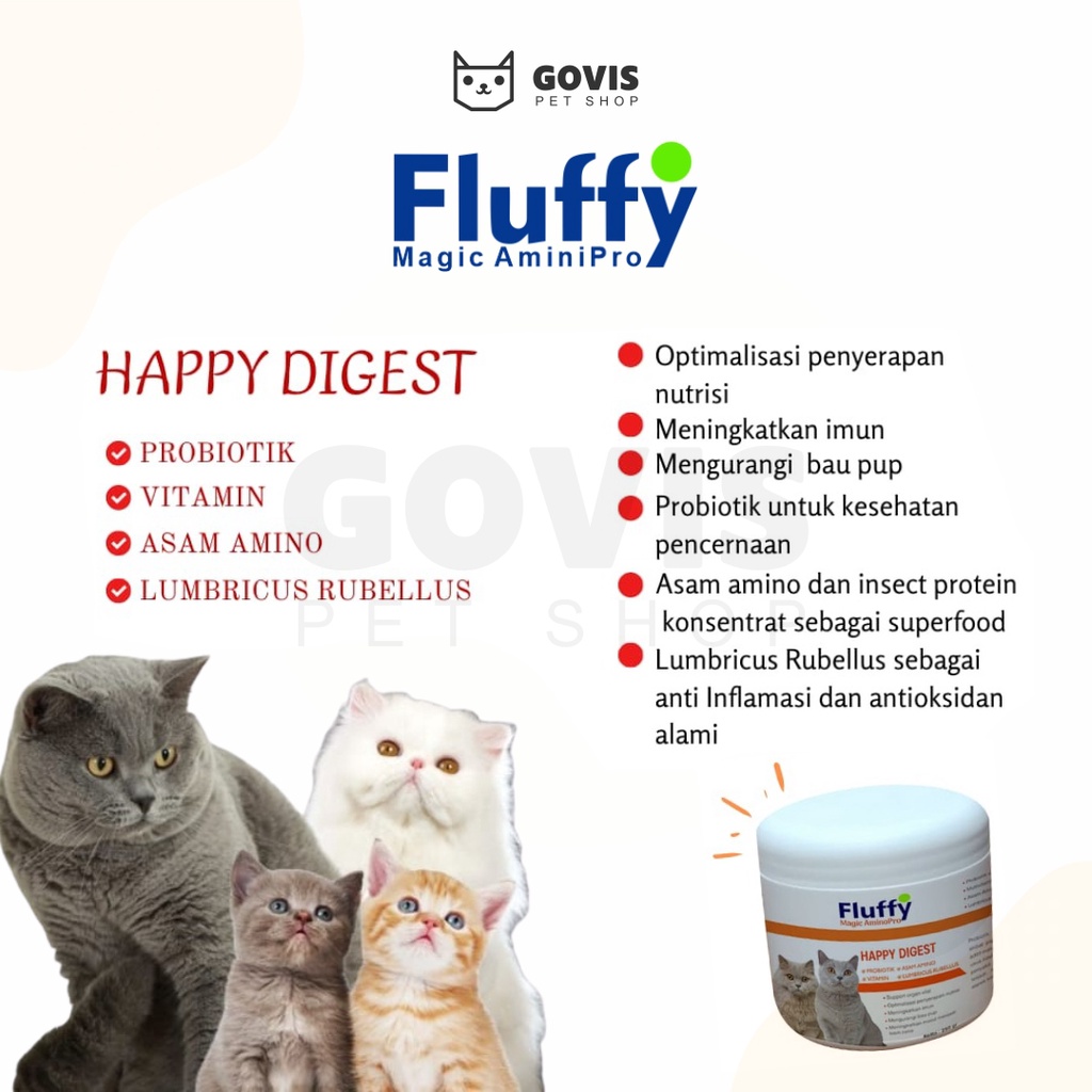 Govis Fluffy Magic Aminopro Happy Digest Vitamin Penggemuk Kucing Kitten Adult