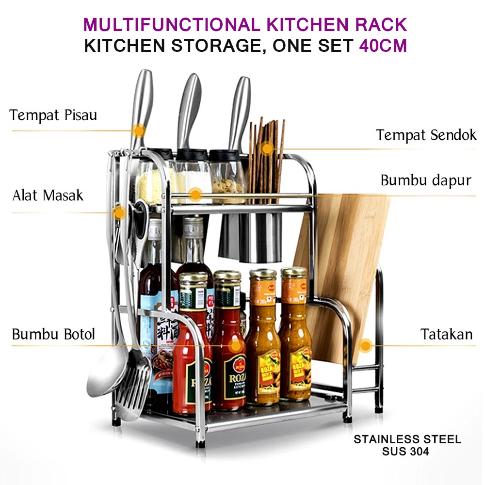 Rak Bumbu Dapur Multifungsi Stainless SUS 304 Original 2 Susun One Set