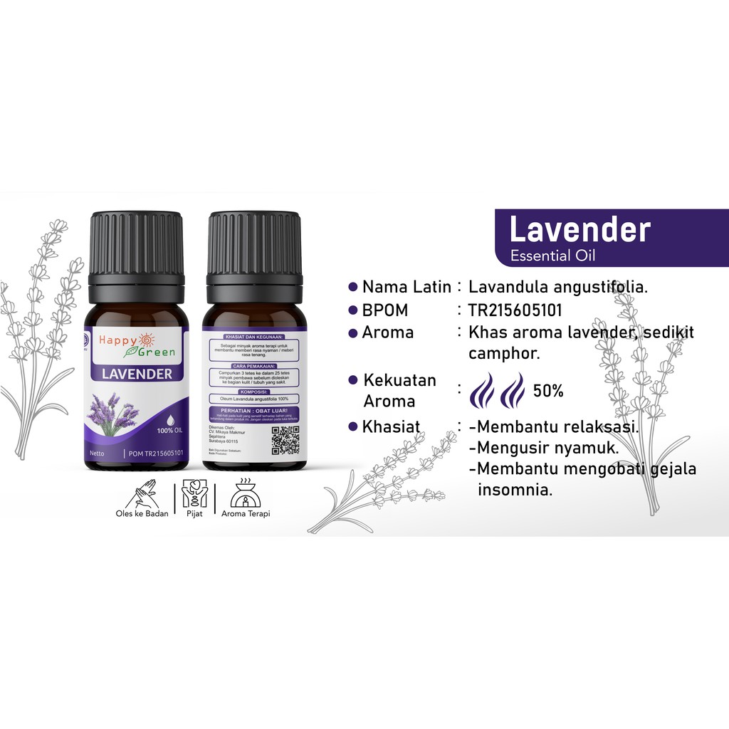 BPOM Happy Green Lavender Essential Oil (Minyak Lavender) 100% Pure Imported USA Pasti Murni