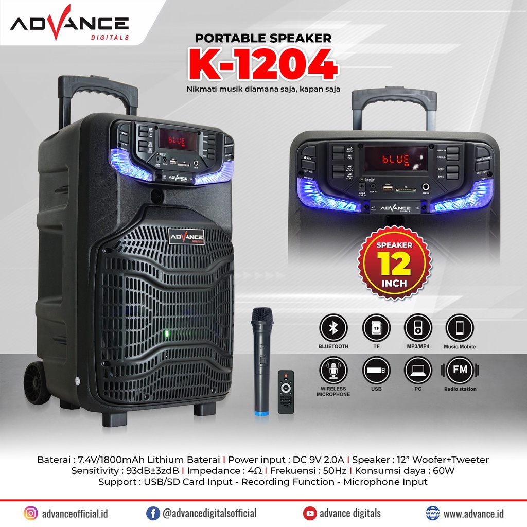 Advance K1204 Speaker Meeting Karaoke Bluetooth 12 Inch Free 1 Mic Wireless K-1204