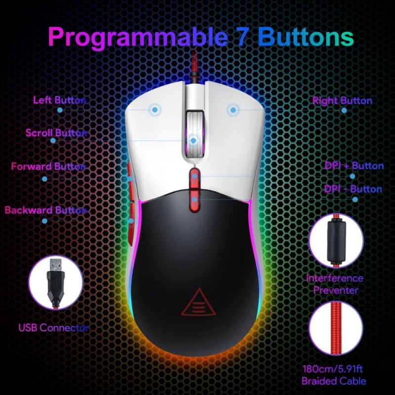 EKSA EM200 RGB Gaming Mouse Gamer 12000DPI USB Wired Programmable Gaming Mice 7 Buttons Tunable weights for PC with Spare cover