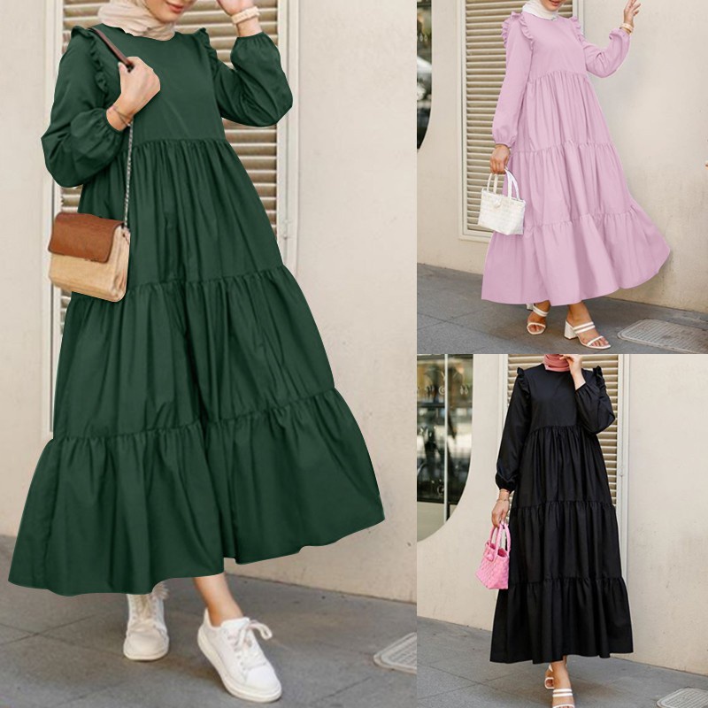 ZANZEA Women Long Sleeve Ruffled Casual Tiered Layered Muslim Long Dress