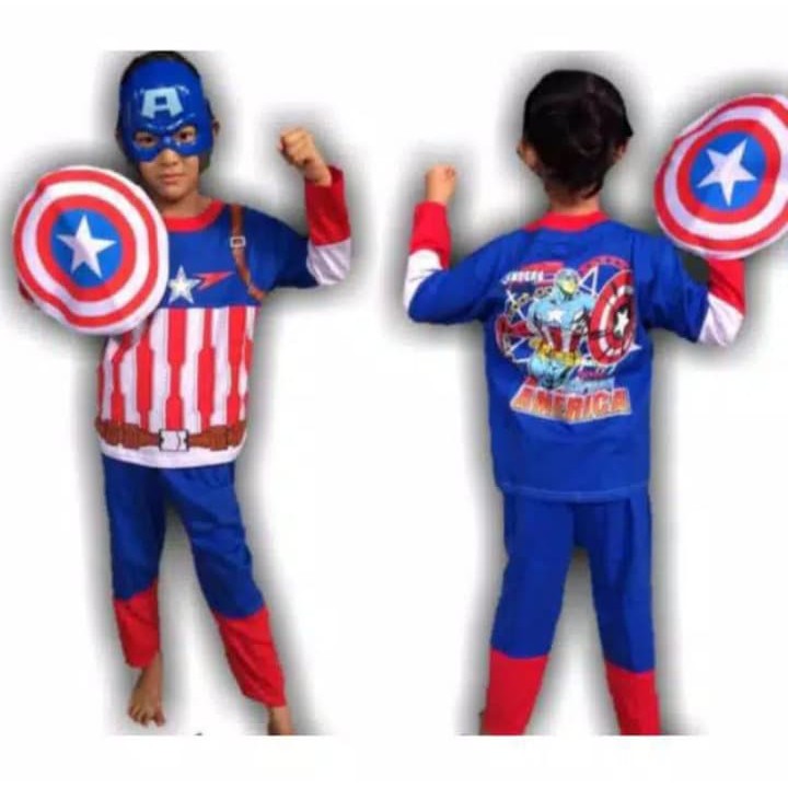 Baju kostum anak captain america azada gratis topeng dan tameng plastik