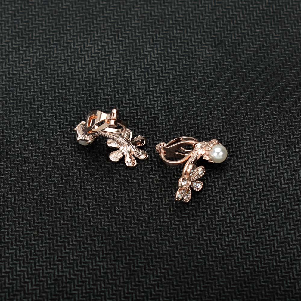 Anting Klip Tanpa Tindik Desain Bunga Hias Kristal Mutiara Warna Rose Gold Silver Untuk Wanita