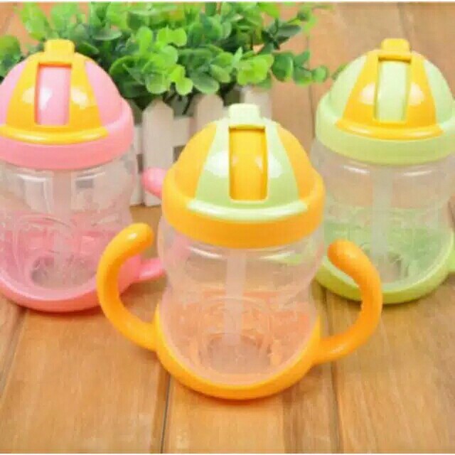 Botol Minum 280ml Buat Bayi/anak Belajar Minum Sendiri Bahan Anti Bocor Ada Sedotan Dan Pegangan
