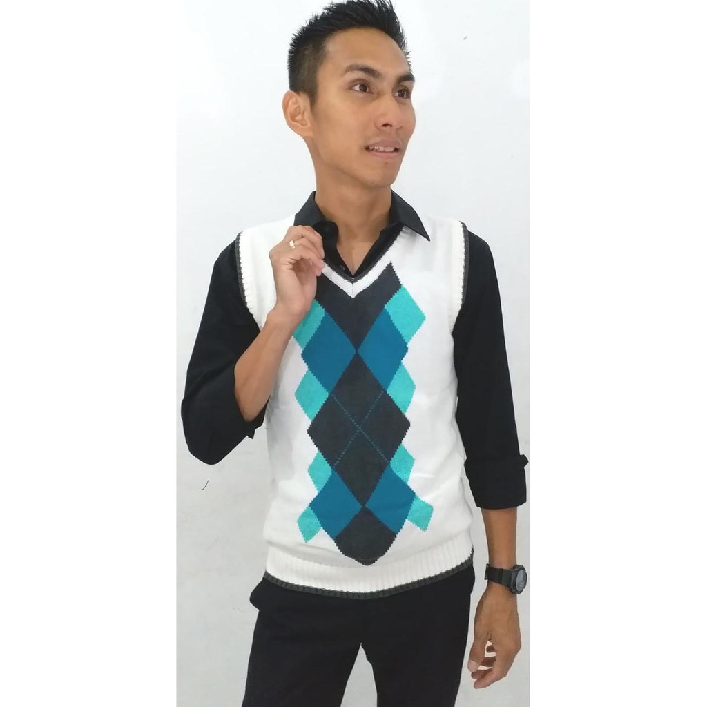 5BAL ROMPI RAJUT / VEST RAJUT MOTIF KOTAK OFFWHITE HIJAU PREMIUM QUALITY 8EFY