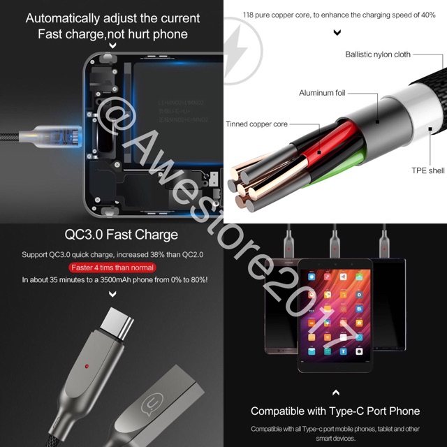 Usams Kabel Data Lightning Cable AUTO DISCONNECT Type-C Fast Charging