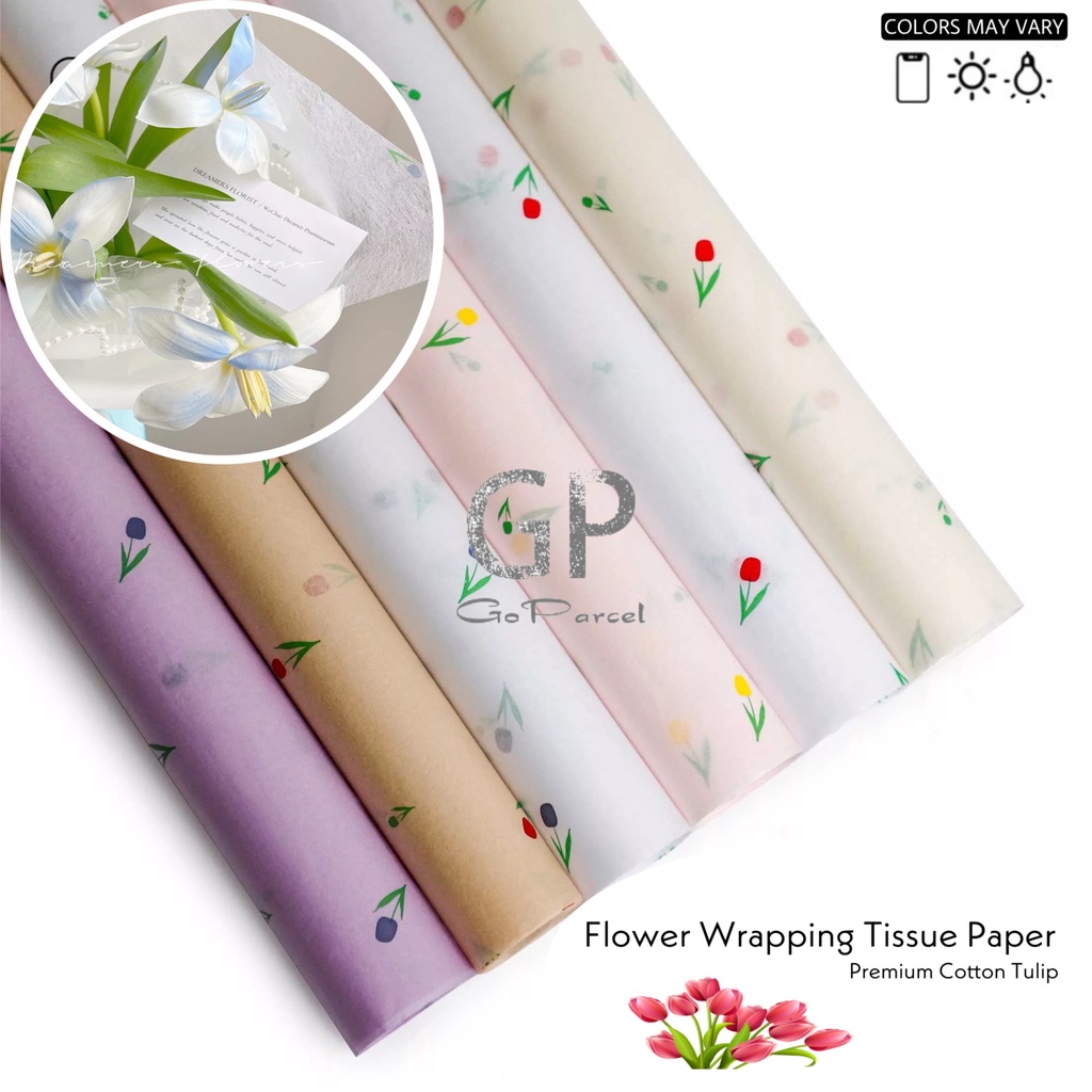 ( 5 Lembar ) PREMIUM COTTON TULIP - FLOWER WRAPPING TISSUE PAPER  KERTAS BUNGA TISU KARANGAN BUKET BUNGA MOTIF