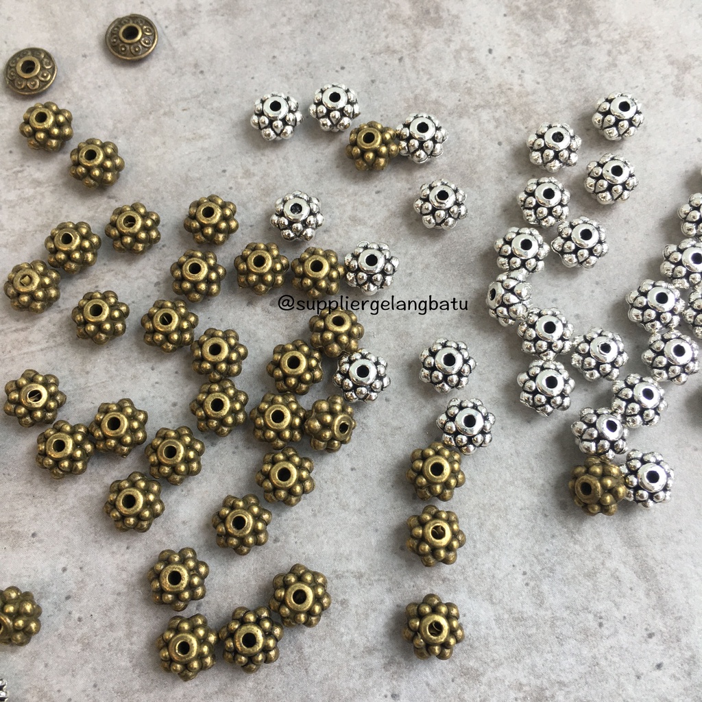 Aksesoris spacer bulat pipih SILVER BAKAR pembatas gelang kalung etnik