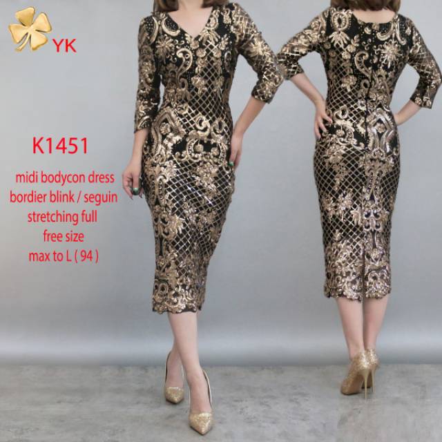 Osdress 1451 midi dress v neck blink blink dress import premium gold pesta kondangan
