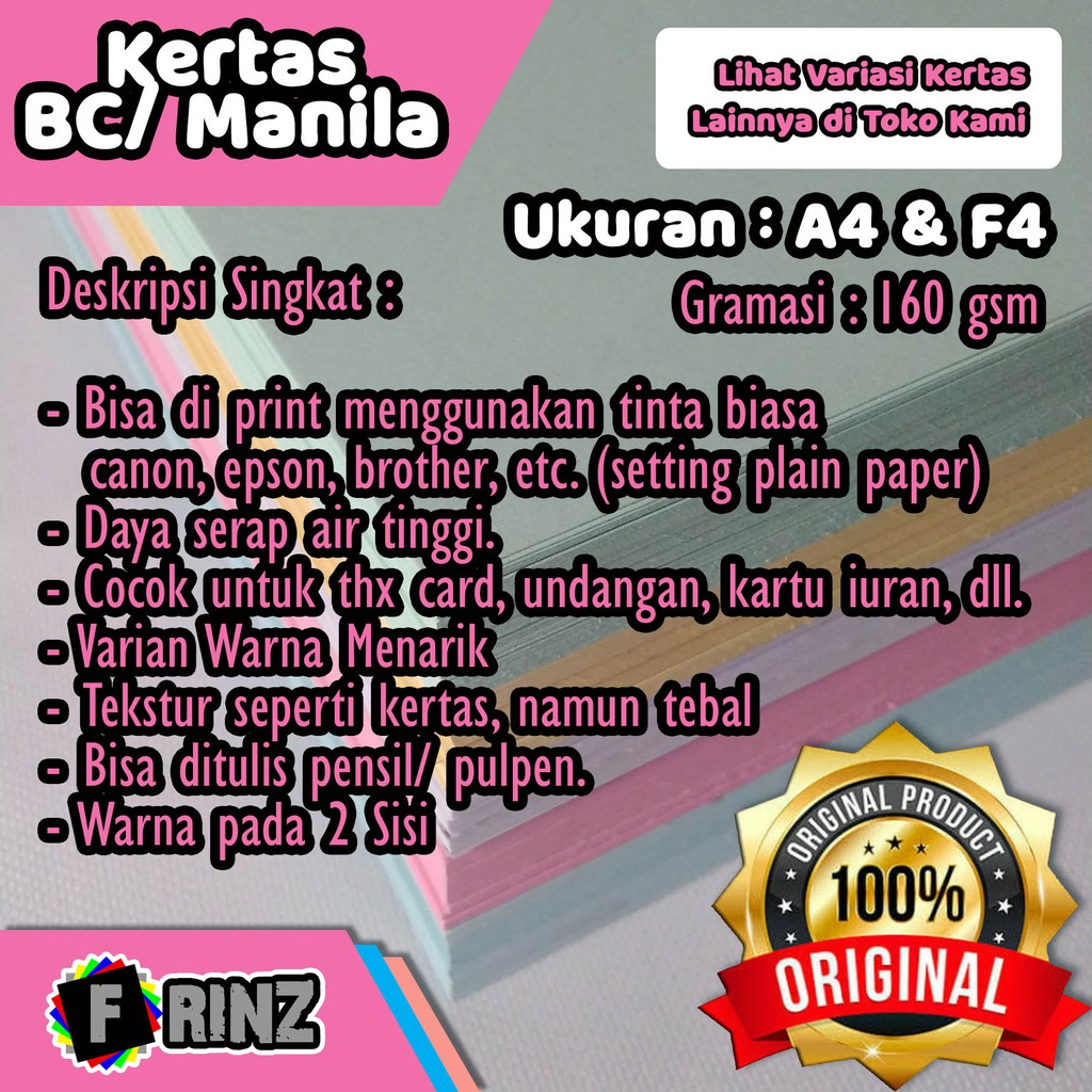 

Kertas Karton BC ( Brief Card ) F4 A4 / Manila / Kertas Buku Gambar 160 Gsm