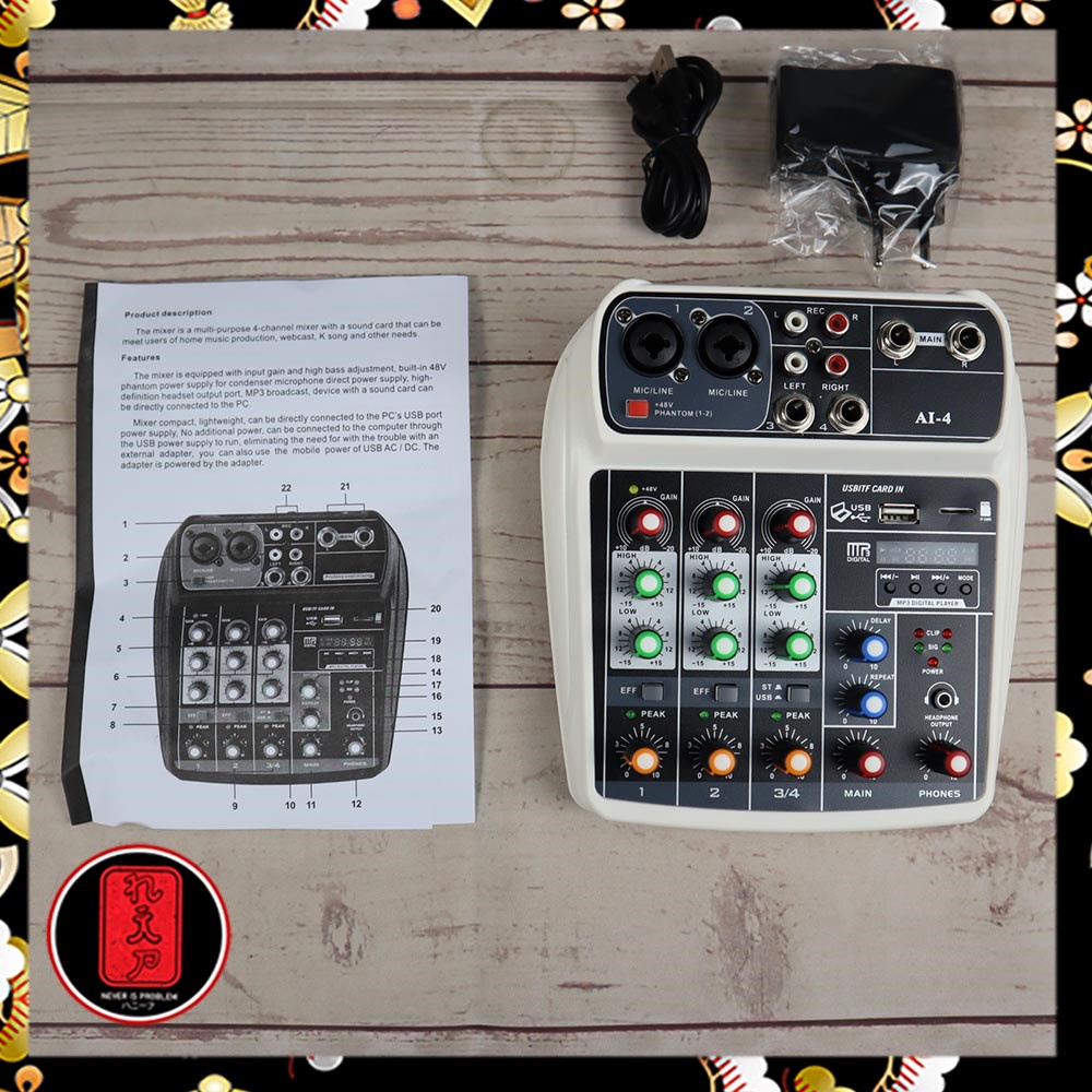 Muslady Professional Compact Mixing Console Mixer 4 Channel Phantom Power 48V - AI-4 - White