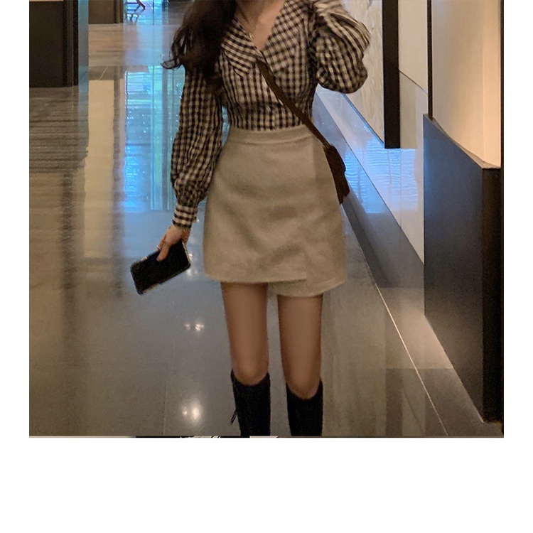 #Sisjuly# Wanita Retro Kemeja Kotak-kotak Wanita Lengan Panjang Lentera Lengan Kemeja Desain Rasa Po