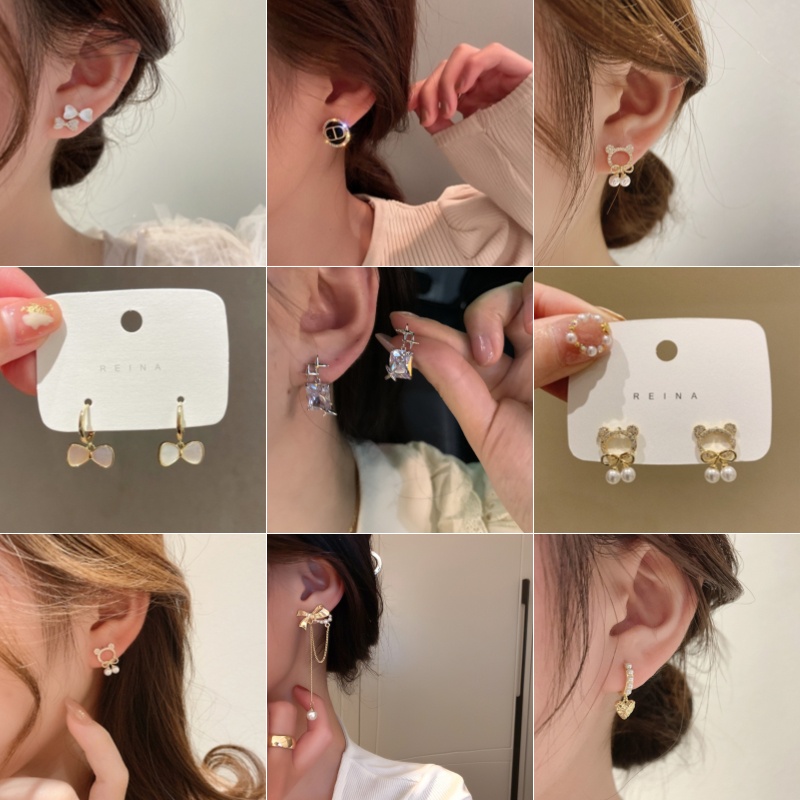 Anting Stud 925 Silver Needle Hypoallergenic Bentuk Pita / Beruang / Simpul Bahan Metal Gaya Korea