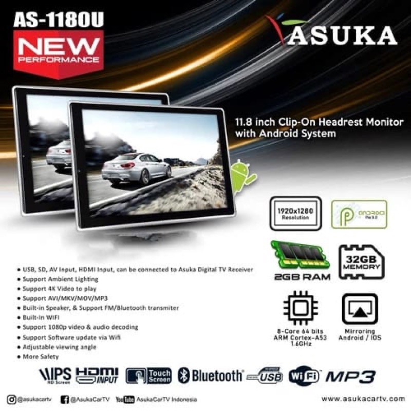 HEADREST CLIP ON ASUKA AS-1180AZ ANDROID /HEADREST ASUKA AS 1180AZ