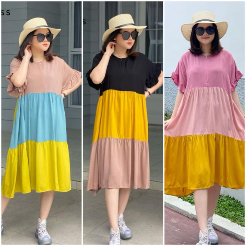 BISA COD LAURA DRESS MIDI DRESS KOREA PENDEK DASTER ICE CREAM RAINBOW PELANGI DAILY DRESS KEKINIAN V