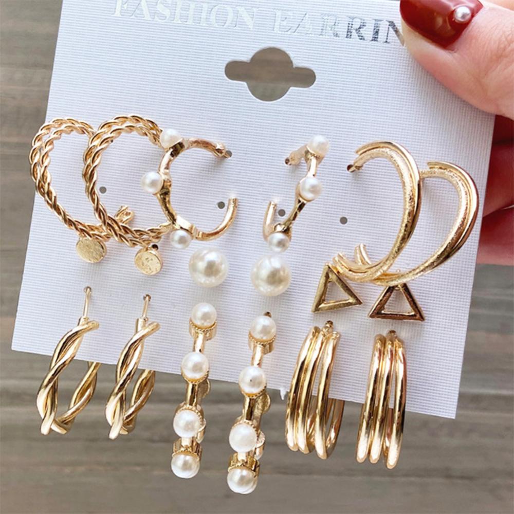 Timekey 6pcs / Set Anting Bulat Emas Wanita Hias Mutiara Gaya Vintage A2K5