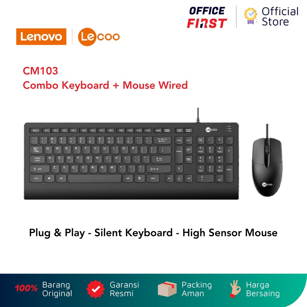 Lecoo by Lenovo CM103 Combo Keyboard Mouse / Wired Corded Cable Kabel USB