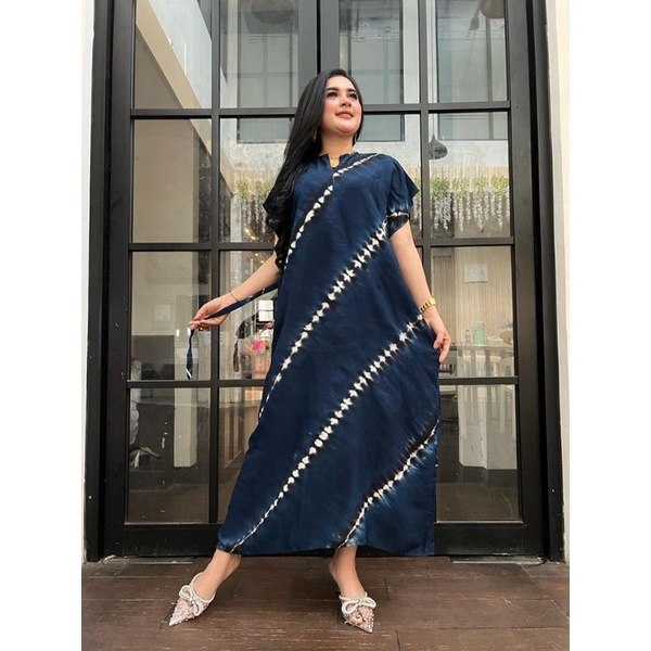 Daster panjang galaran kancing depan busui tali samping motif viral tiedye shibori-SK Strip Navy
