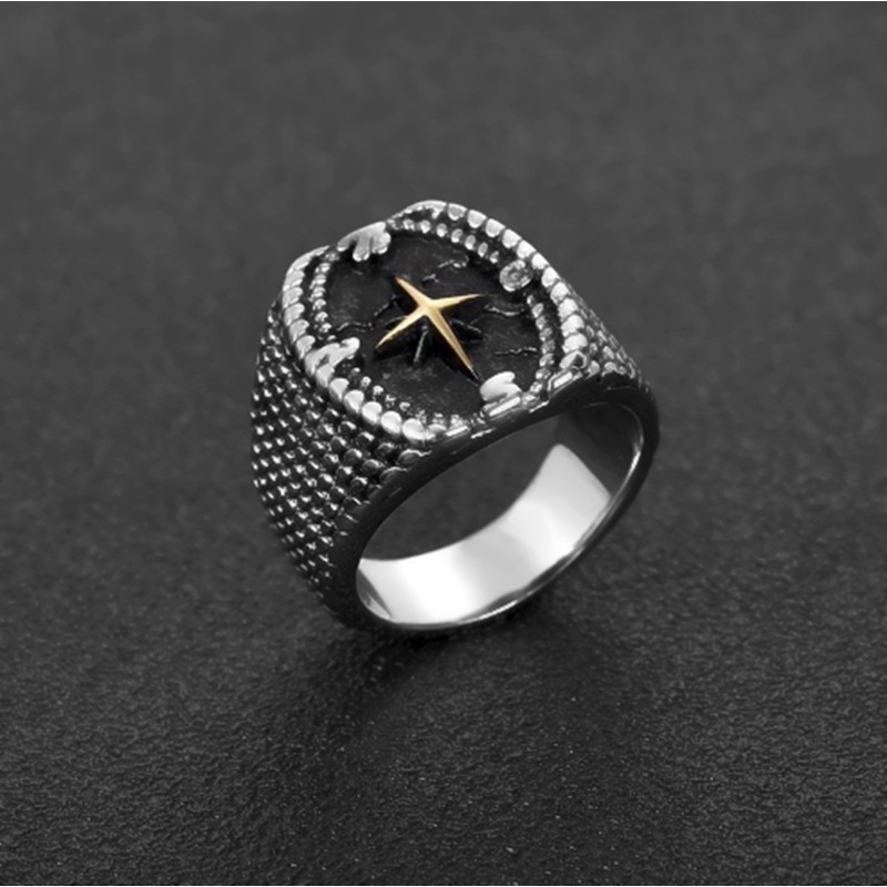 SEUSUK   Cincin Stainless Steel Warna Silver Desain Kompas Gaya Vintage untuk Pria