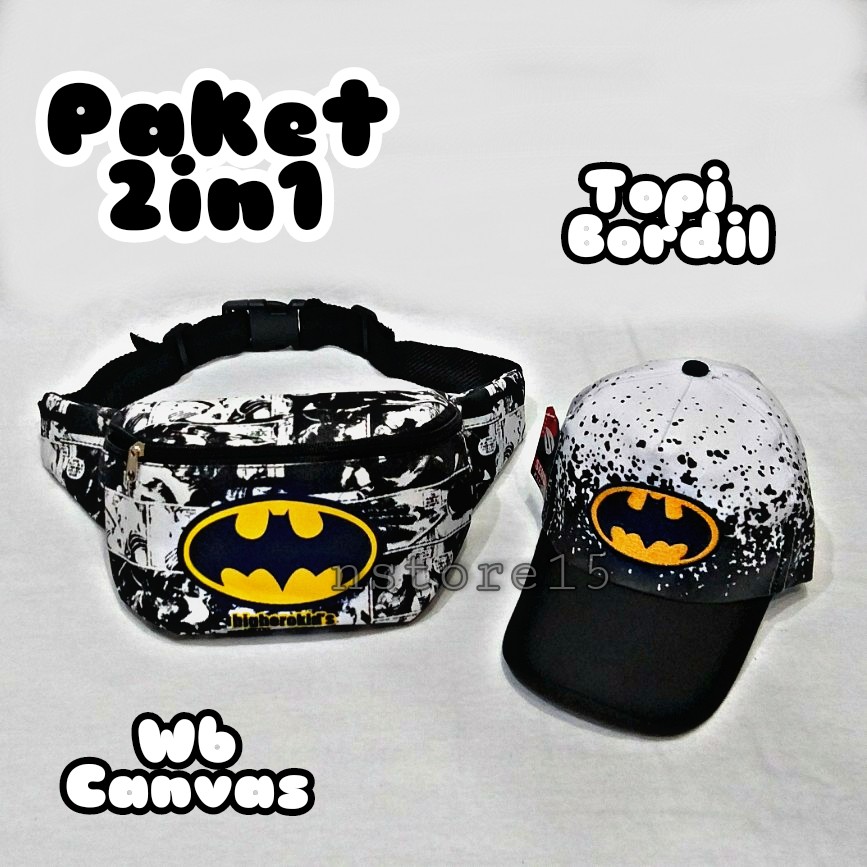 Waist bag anak laki laki, Wesbag Anak Laki Laki Motif Superhero Batman dan Topi Anak Laki Laki 2in1