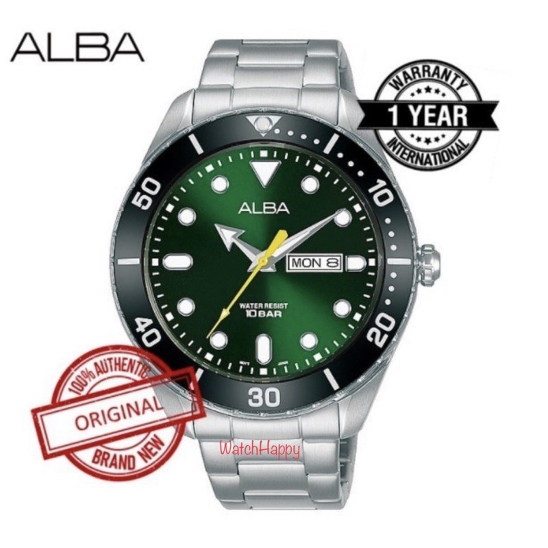WatchHappy Alba AJ6111X1 AJ6111 AJ6111X Men Watch StainlessSteel Green Dial Bezel Black 100%Original