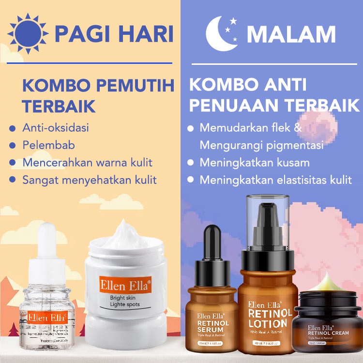 【【Stok tersedia, tiba dalam 3 hari】ELLEN ELLA Trible Retinol Set Krim Wajah Kolagen + Serum Wajah + Masker Niacinamide + lotion retinol + krim vitamin c + serum vit c Anti Penuaan Pemutih Memperbarui Kulit Mengurangi Garis Halus Keriput memajukan retinol