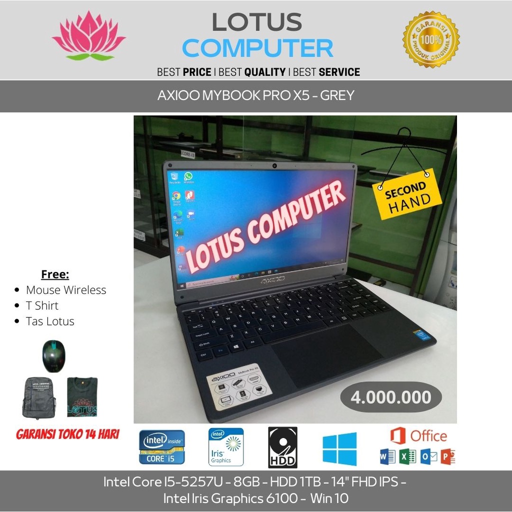 Axioo Mybook Pro X5/I5-5257/8GB/1TB/Intel Iris/14"FHD/Win 10/Grey