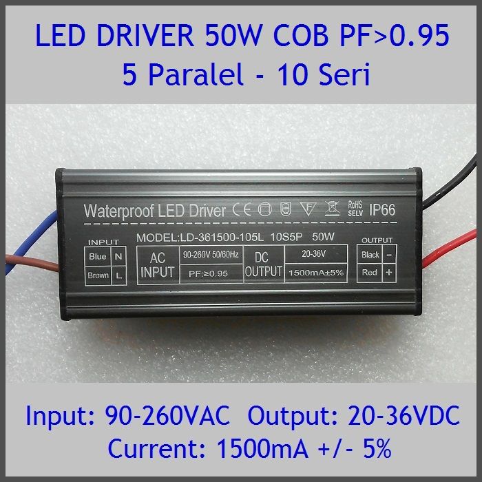Led Driver 50W 1500mA DC20-36V PF 0.95 WP Termurah