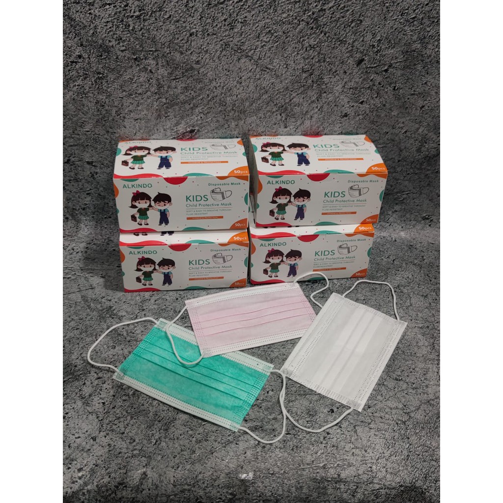 PER BOX 50PC - MASKER ANAK 3PLY CAREION NECARE ALKINDO WARNA POLOS