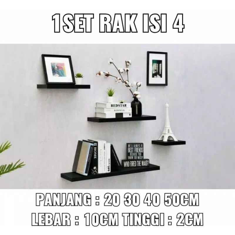 Rak Dinding Minimalis Slim ambalan susun serbaguna 1set 4 rak uk 20 30 40 50cm lebar 10cm tebal 2cm