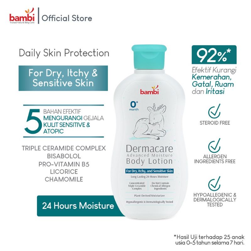 Bambi Baby Dermacare Advance Moisture Body Lotion 200ml - Bambi Derma Care Losion Bayi Kulit Sensitive - Cream Kulit Sensitif Bayi