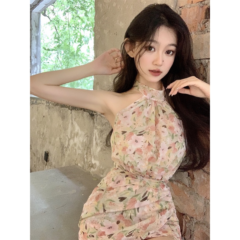 Suhao sweet hot girl floral halter dress peri musim panas tanpa lengan high-end backless sexy chiffo