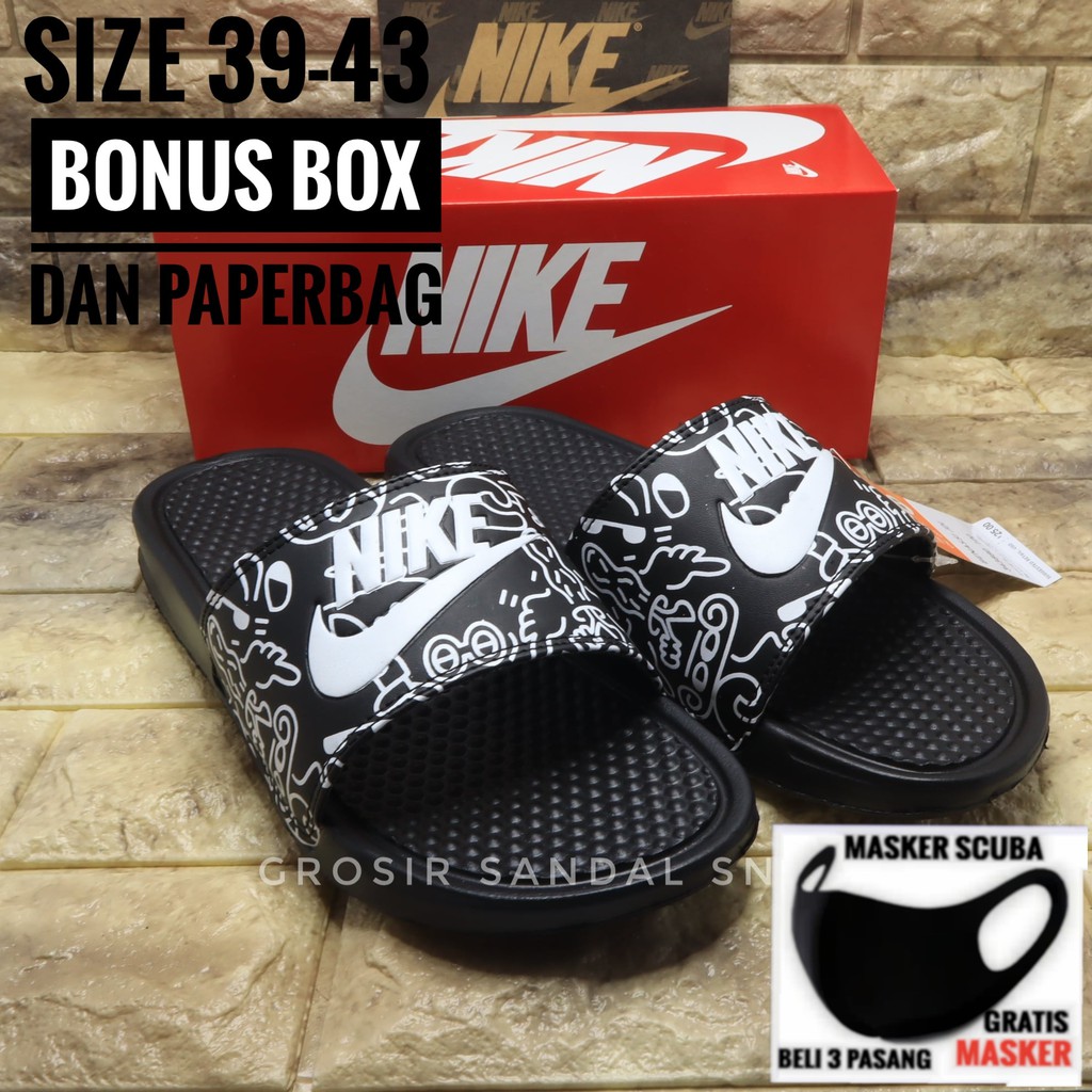  SANDAL  SELOP MURAH PRIA  NIKE  BENASSI BLACK WHITE 