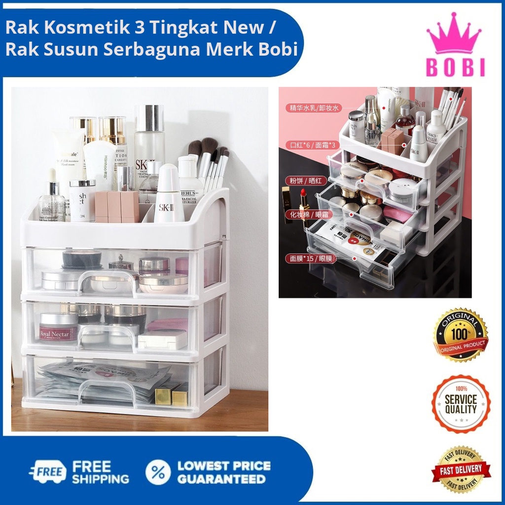 Rak Kosmetik Putih / Rak Make Up Susun Plastik 3 Laci Putih Plastik / Rak Serbaguna Merk Bobi