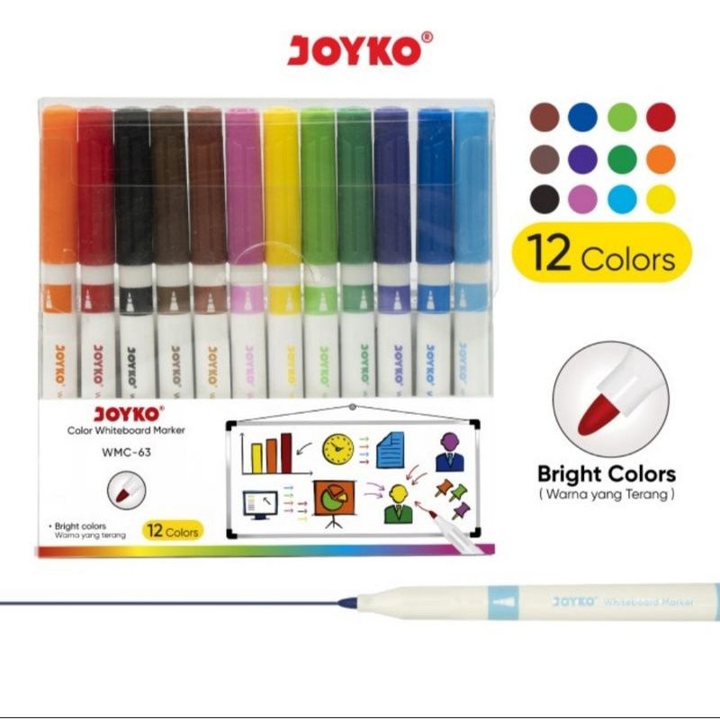 

Spidol Warna Papan Tulis Color Whiteboard Marker Joyko WMC-63 12 Warna