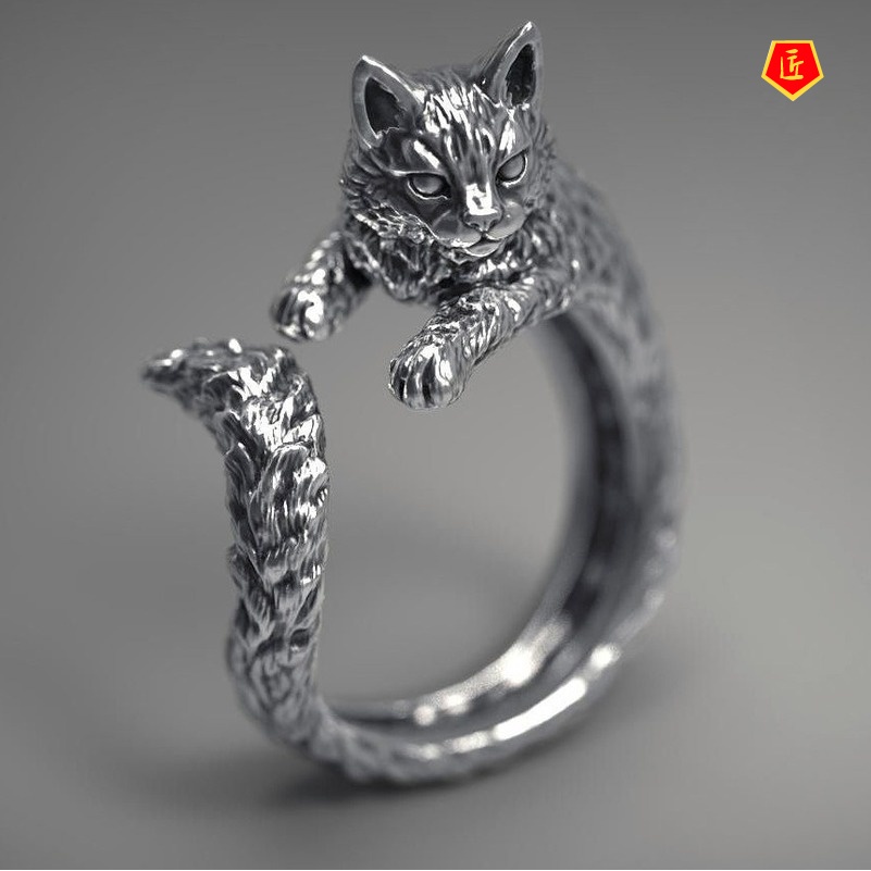[Ready Stock]Women's S925 Silver Black Retro Cute Cat Ring