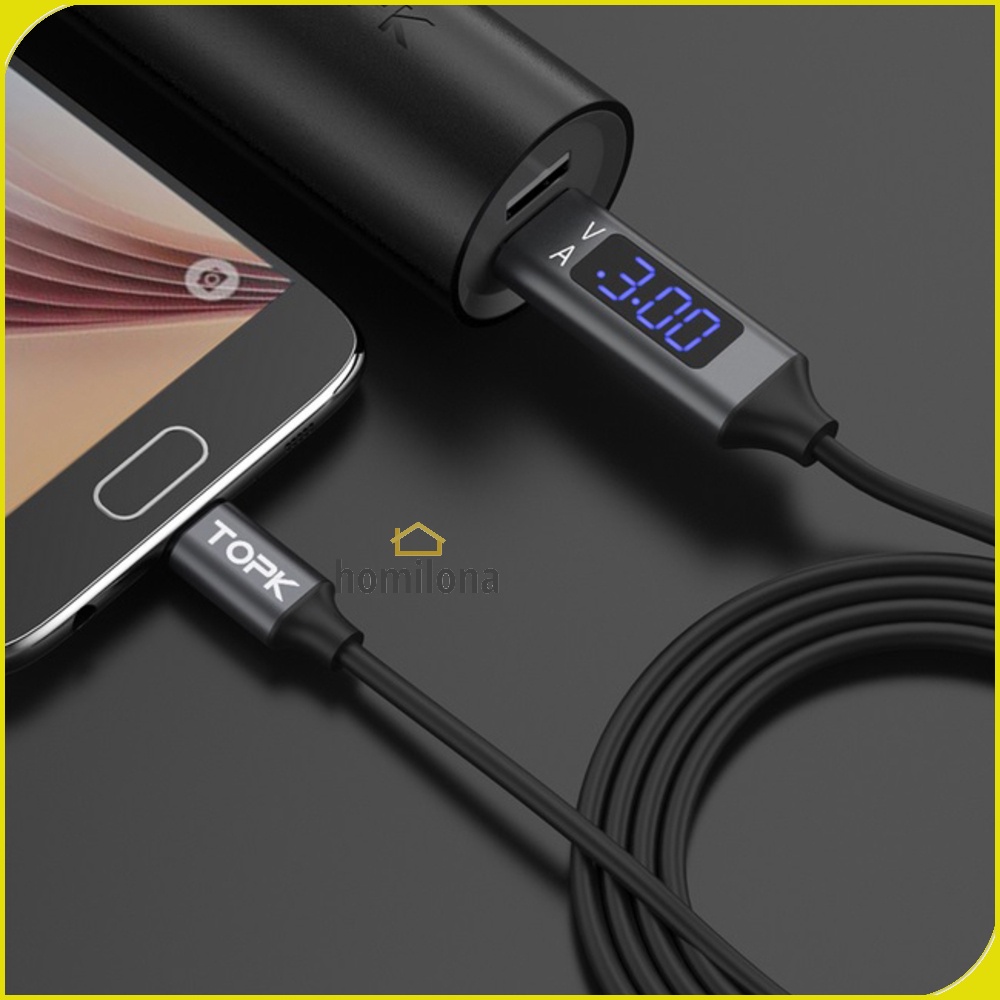 Kabel Charger TPE 3A 1 Meter with Voltage Meter Micro USB / Type C - TOPK CS0132 -  Black