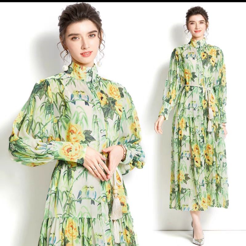 MDLV ~ 06640# Carmilla Maxi Dress Green Flower Import