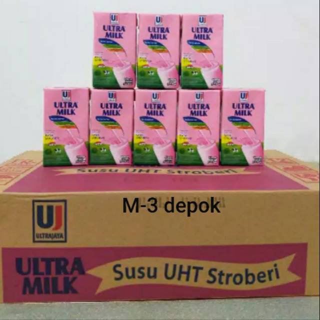 

Susu Ultra Milk rasa strawberry ukuran 125 mili isi per karton 40 PCS