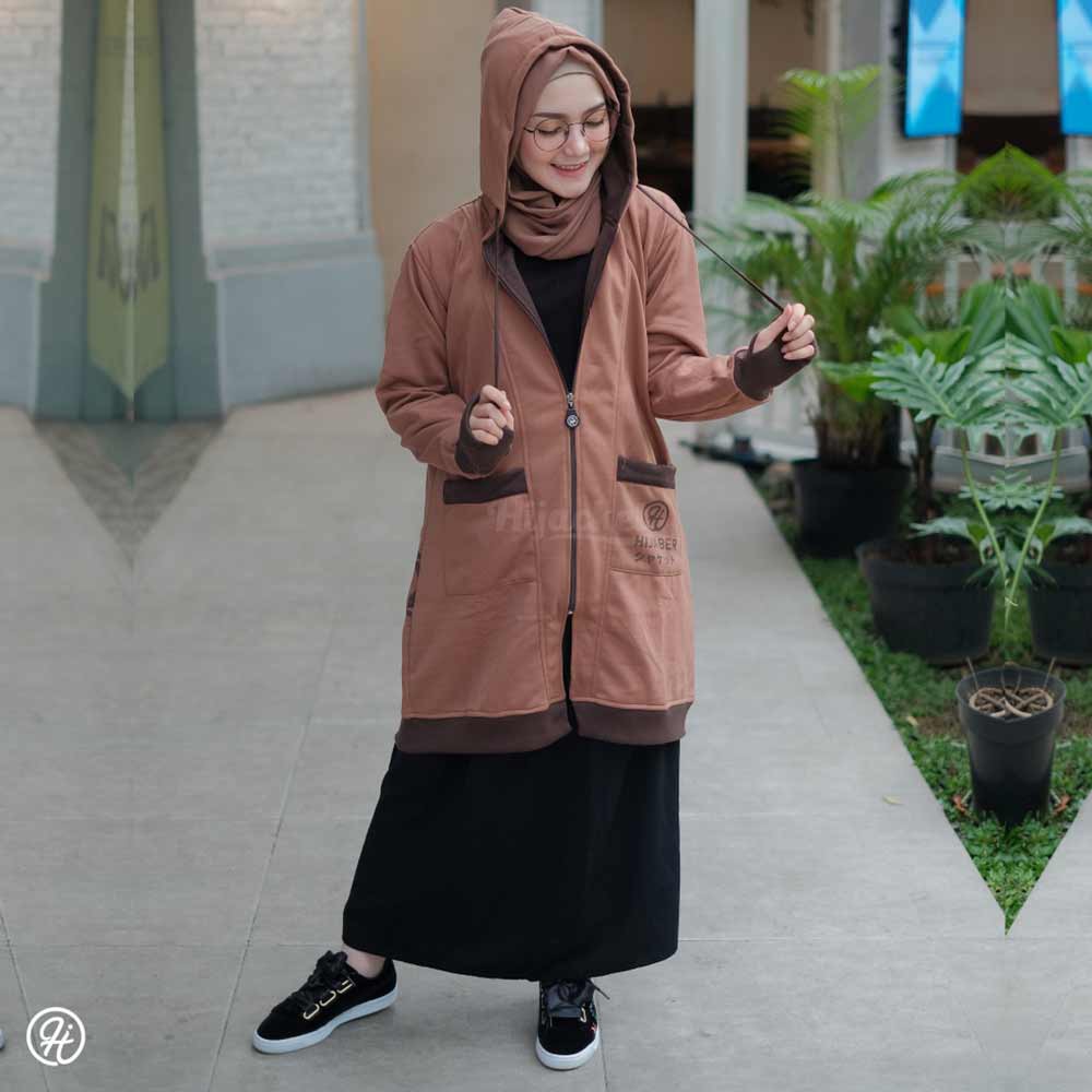 Jaket Hoodie Panjang Wanita Cewek Muslimah Hijaber Jacket Hijab Roundhand Finger Hijacket YK Coklat-7